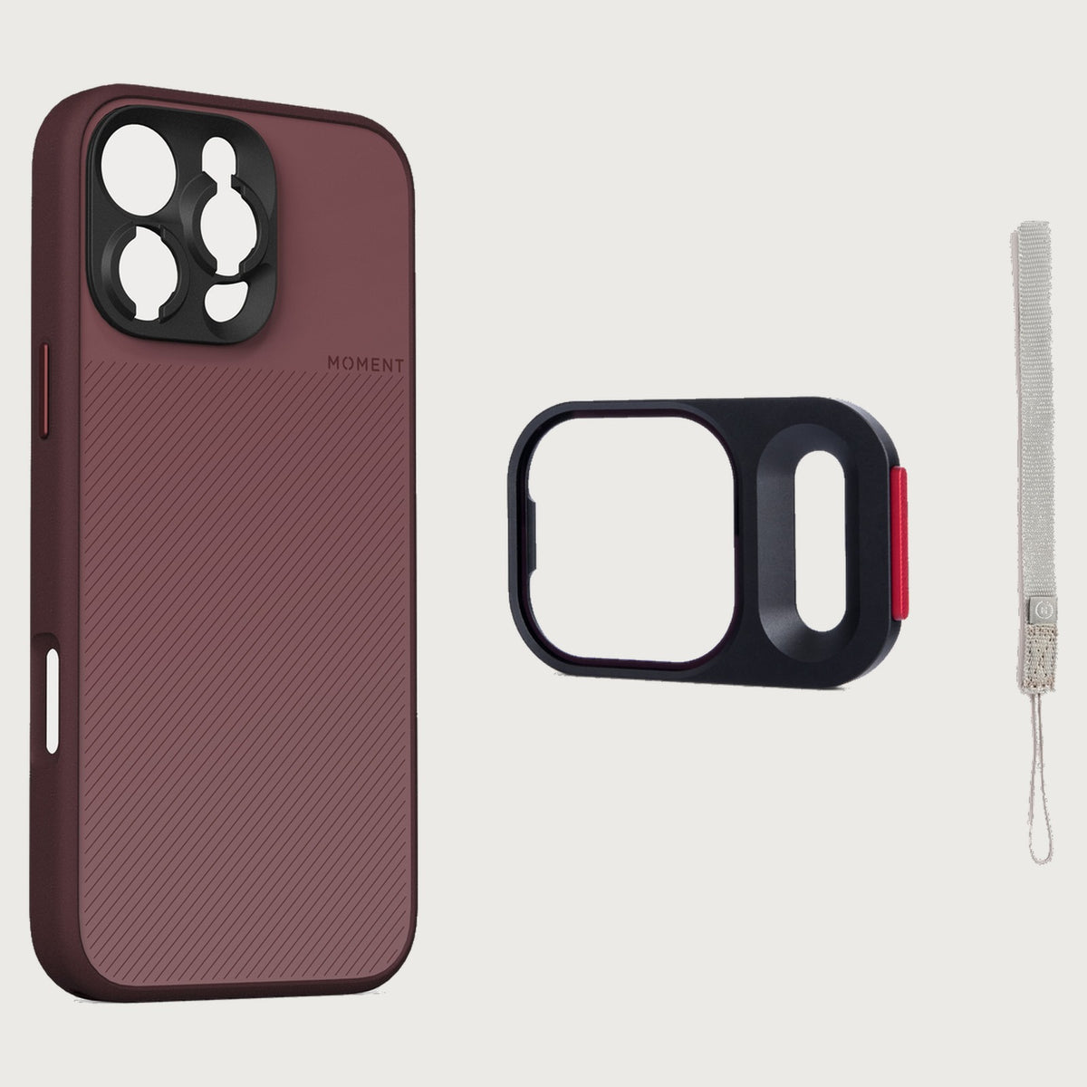 iPhone 16 Pro Max Case Essentials — Red Clay case — Gray nylon strap