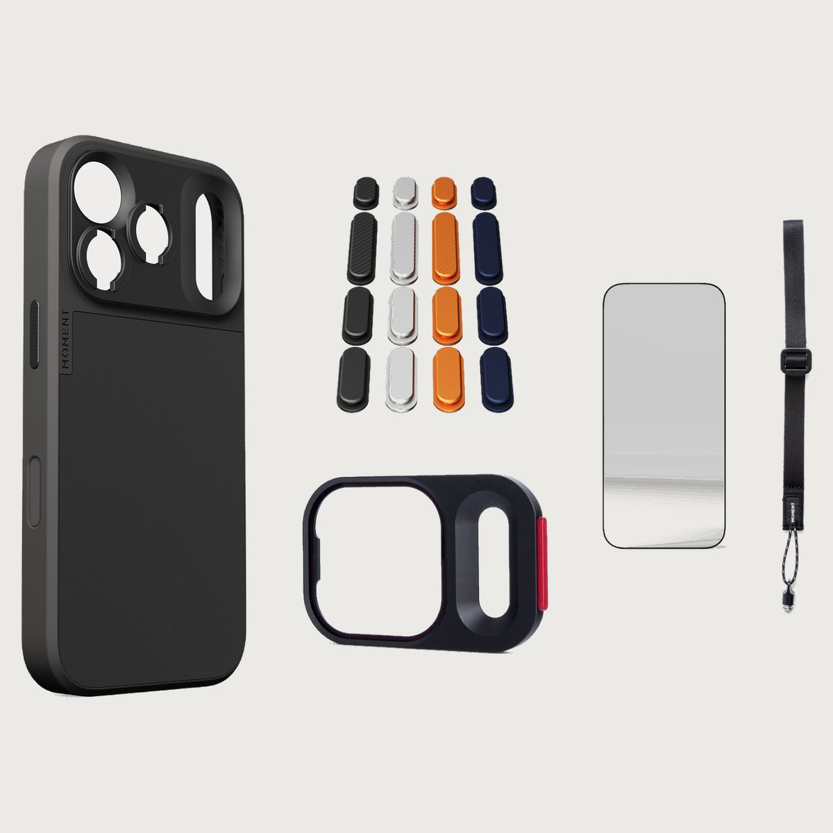 iphone-17-pro-case-essentials — Black case, Apple 2025 Pack, Burgundy wrist strap