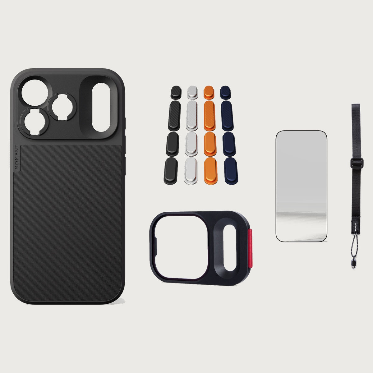 iphone-18-pro-case-essentials — Black case, Apple 2025 Pack (Black/Silver/Orange/Navy), Burgundy wrist strap (AR glass + CineClear UV; no drop-in / no cleaning kit)