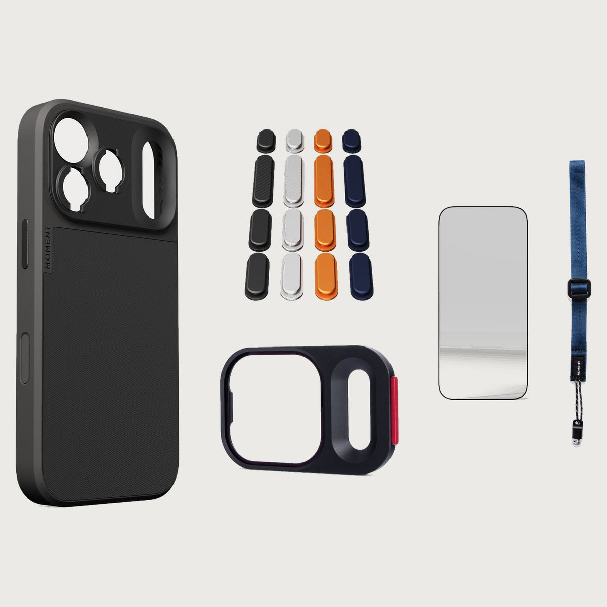 iphone-17-pro-case-essentials — Black case, Apple 2025 Pack, Indigo wrist strap