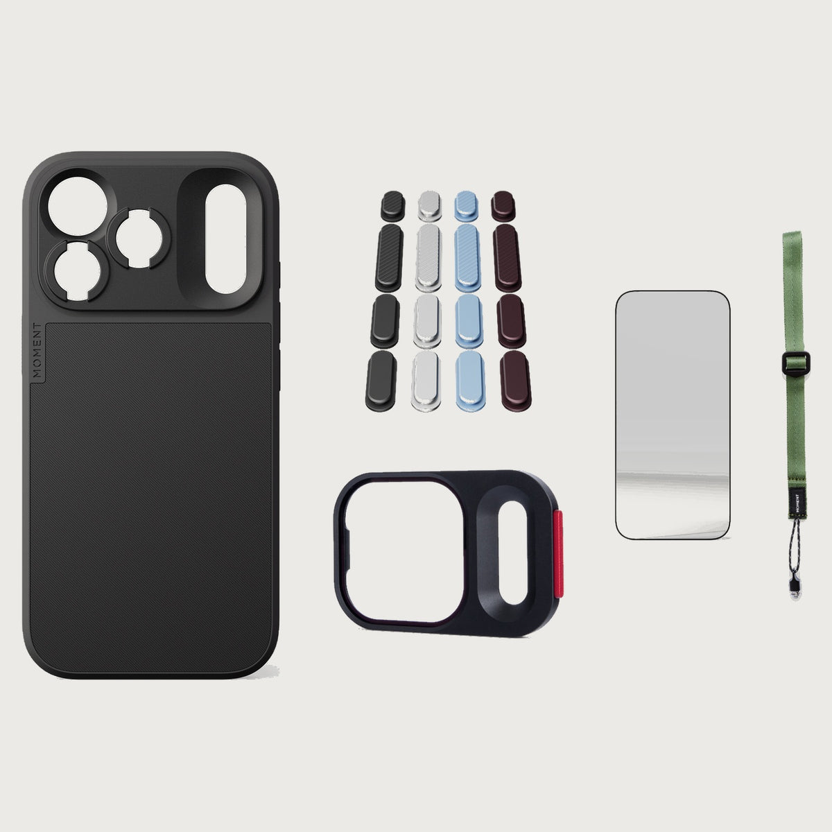 iphone-18-pro-case-essentials — Black case, Apple 2026 Pack (Black/Silver/Blue/Purple), Olive wrist strap (AR glass + CineClear UV; no drop-in / no cleaning kit)
