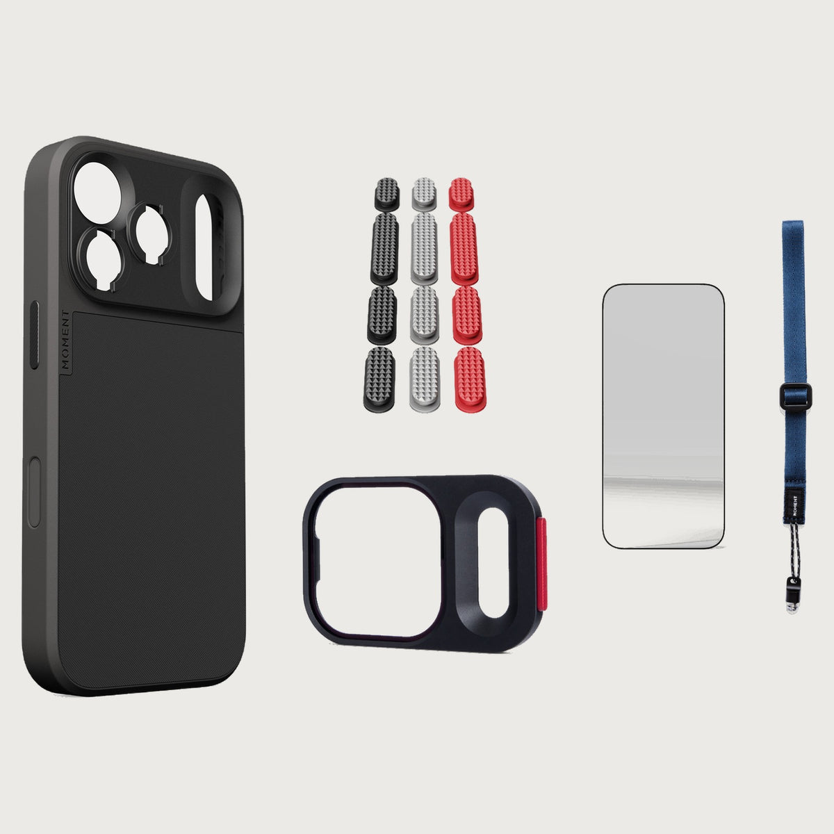 iphone-17-pro-case-essentials — Black case, Metal Grip Pack, Indigo wrist strap