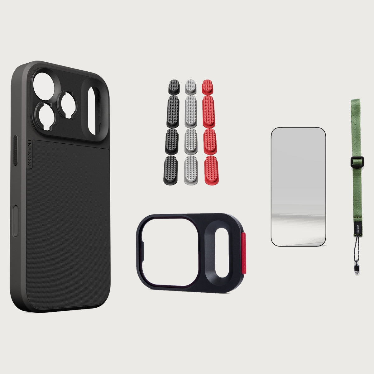 iphone-17-pro-case-essentials — Black case, Metal Grip Pack, Olive wrist strap