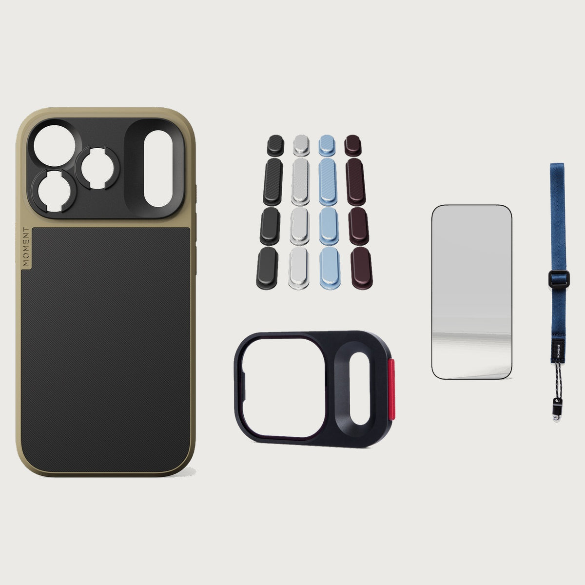 iphone-18-pro-case-essentials — Desert case, Apple 2026 Pack (Black/Silver/Blue/Purple), Indigo wrist strap (AR glass + CineClear UV; no drop-in / no cleaning kit)