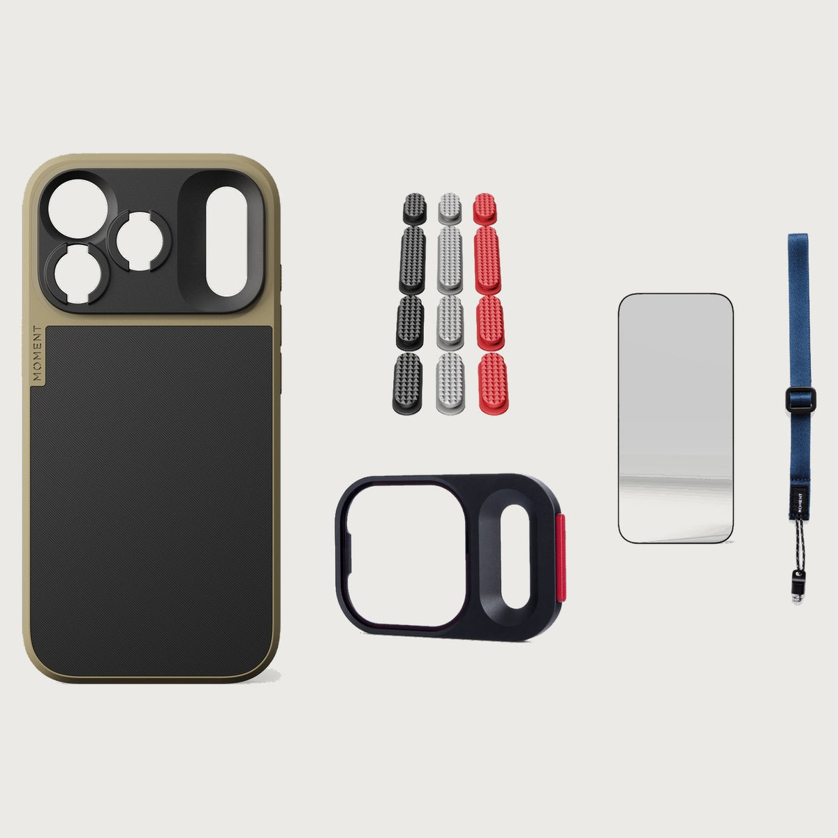iphone-18-pro-case-essentials — Desert case, Metal Grip Pack (Black/Silver/Red), Indigo wrist strap (AR glass + CineClear UV; no drop-in / no cleaning kit)