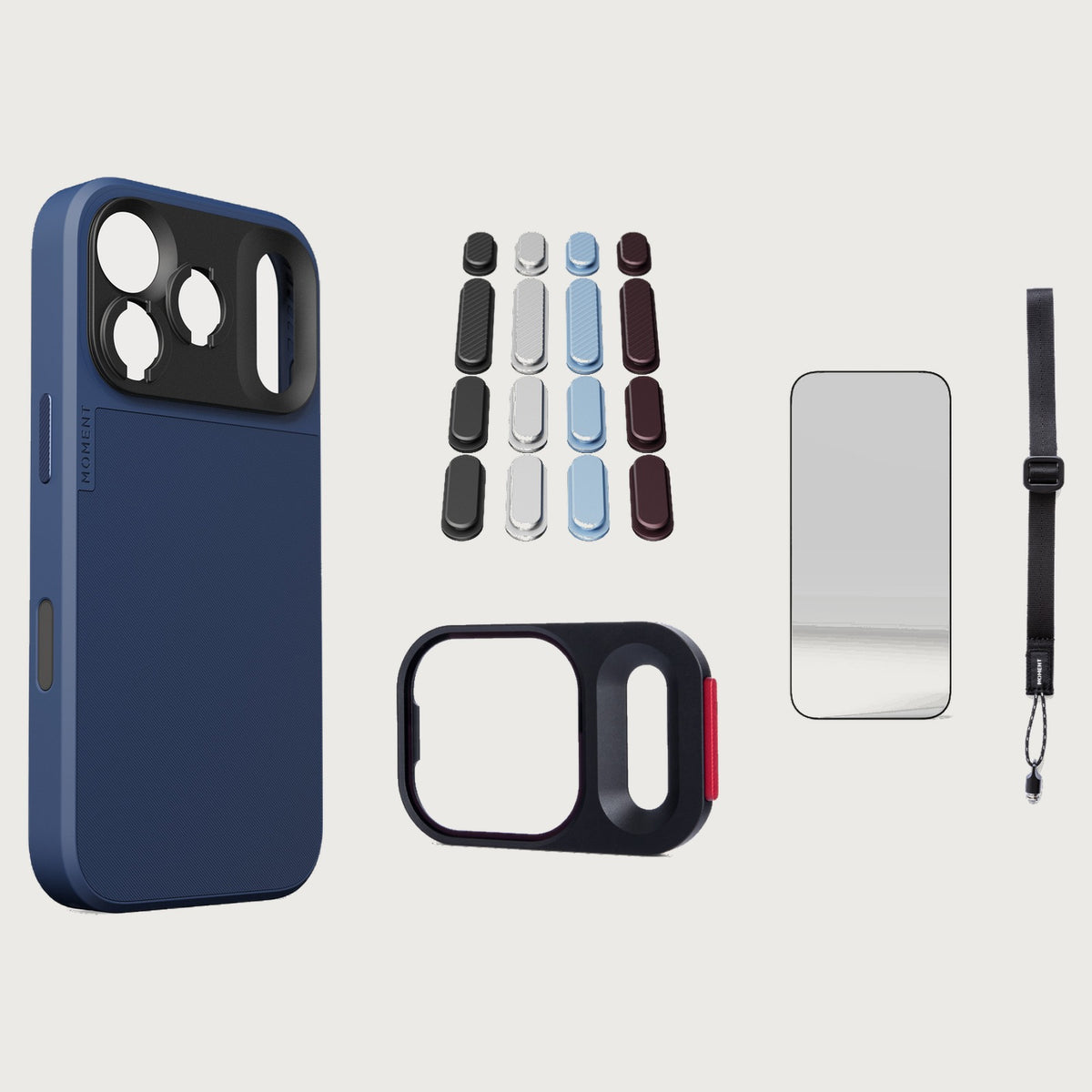iphone-17-pro-case-essentials — Indigo case, Apple 2026 Pack, Black wrist strap