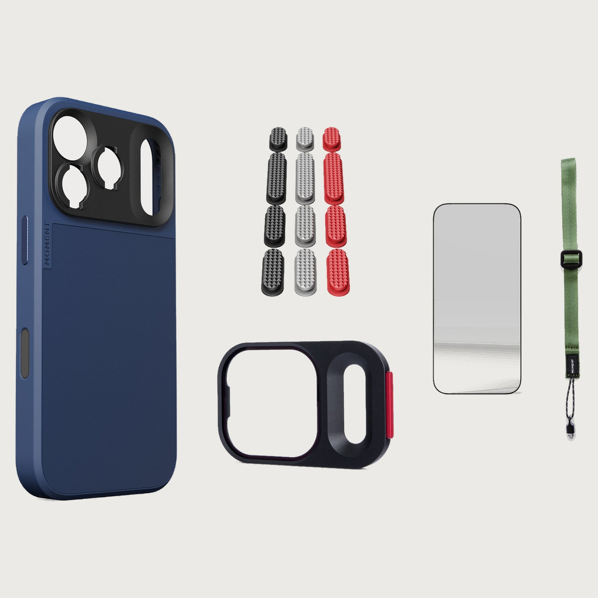 iphone-17-pro-case-essentials — Indigo case, Metal Grip Pack, Olive wrist strap