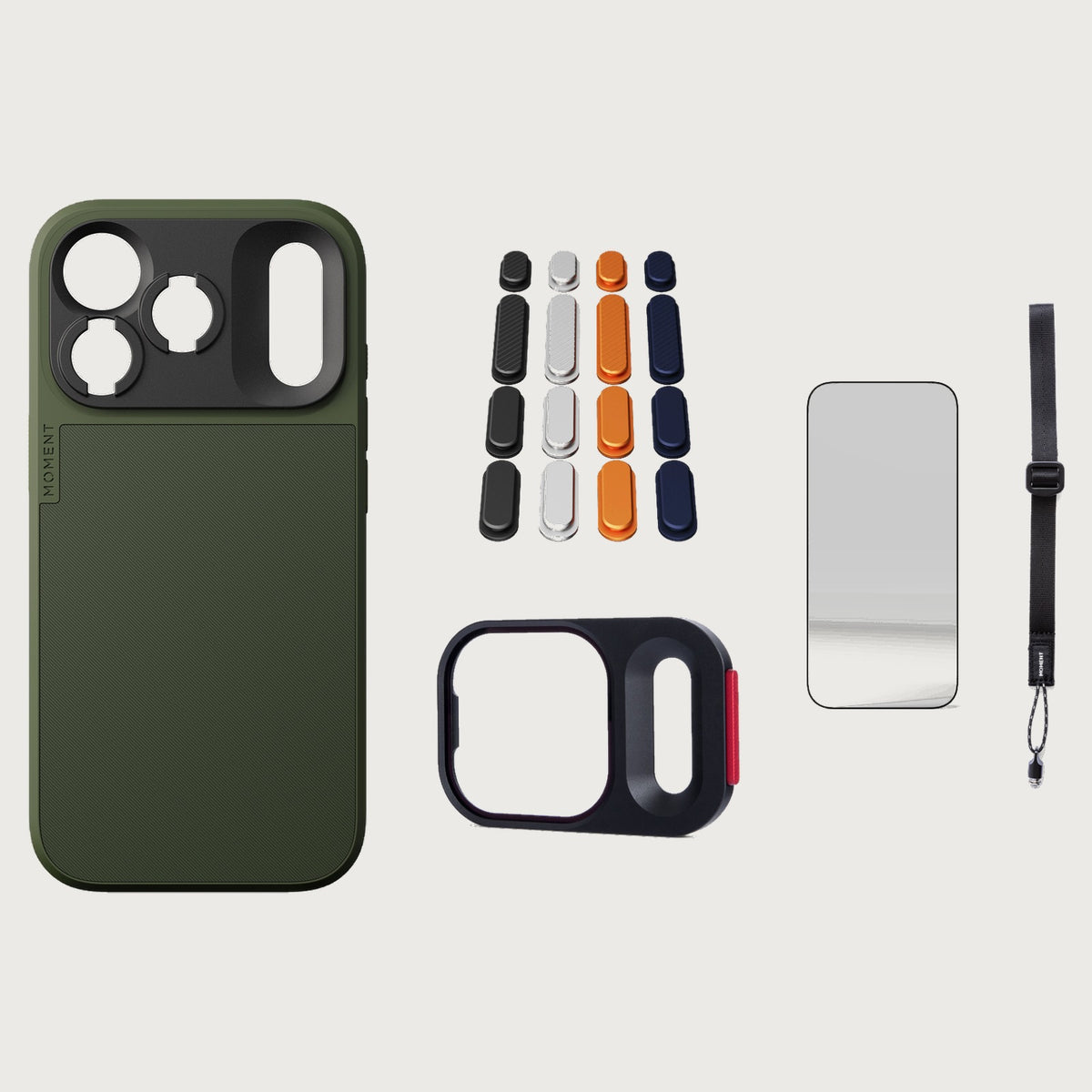 iphone-18-pro-case-essentials — Olive case, Apple 2025 Pack (Black/Silver/Orange/Navy), Black wrist strap (AR glass + CineClear UV; no drop-in / no cleaning kit)