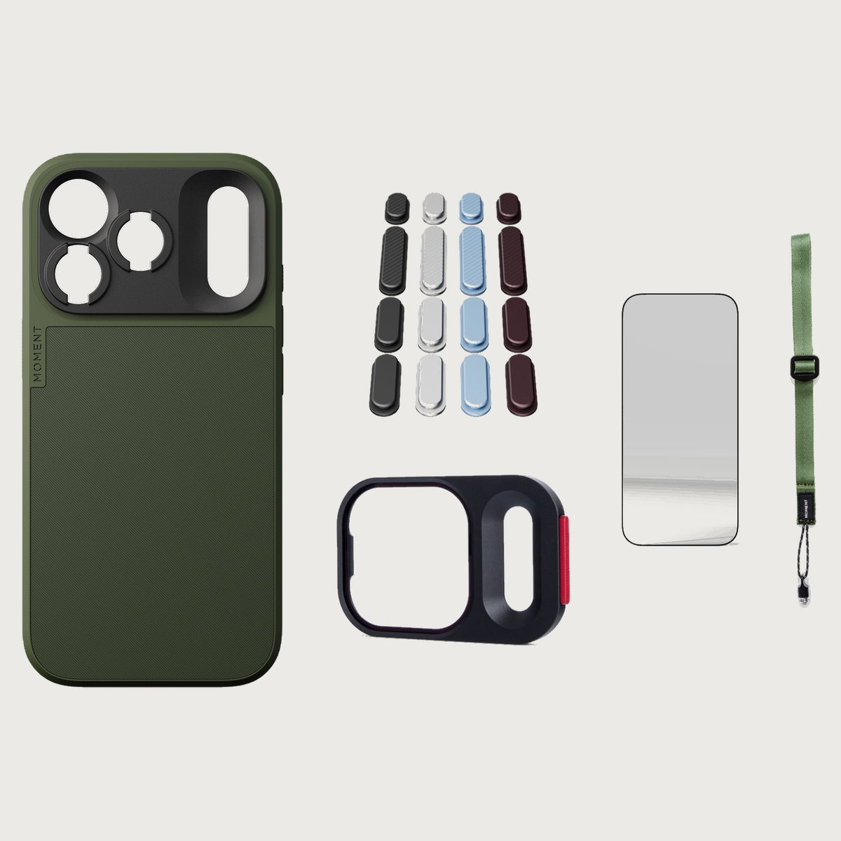 iphone-18-pro-case-essentials — Olive case, Apple 2026 Pack (Black/Silver/Blue/Purple), Olive wrist strap (AR glass + CineClear UV; no drop-in / no cleaning kit)