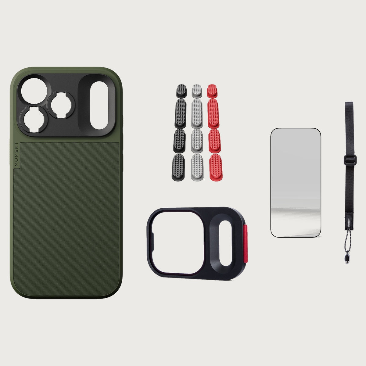 iphone-18-pro-case-essentials — Olive case, Metal Grip Pack (Black/Silver/Red), Burgundy wrist strap (AR glass + CineClear UV; no drop-in / no cleaning kit)