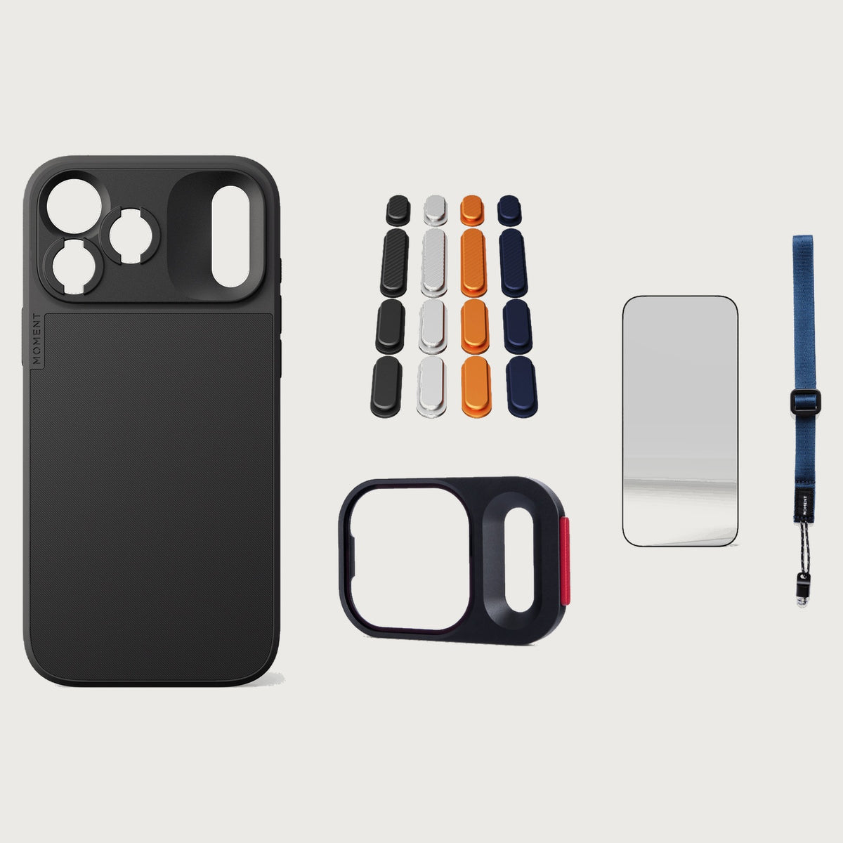 iphone-18-pro-max-case-essentials — Black case, Apple 2025 Pack (Black/Silver/Orange/Navy), Indigo wrist strap (AR glass + CineClear UV; no drop-in / no cleaning kit)