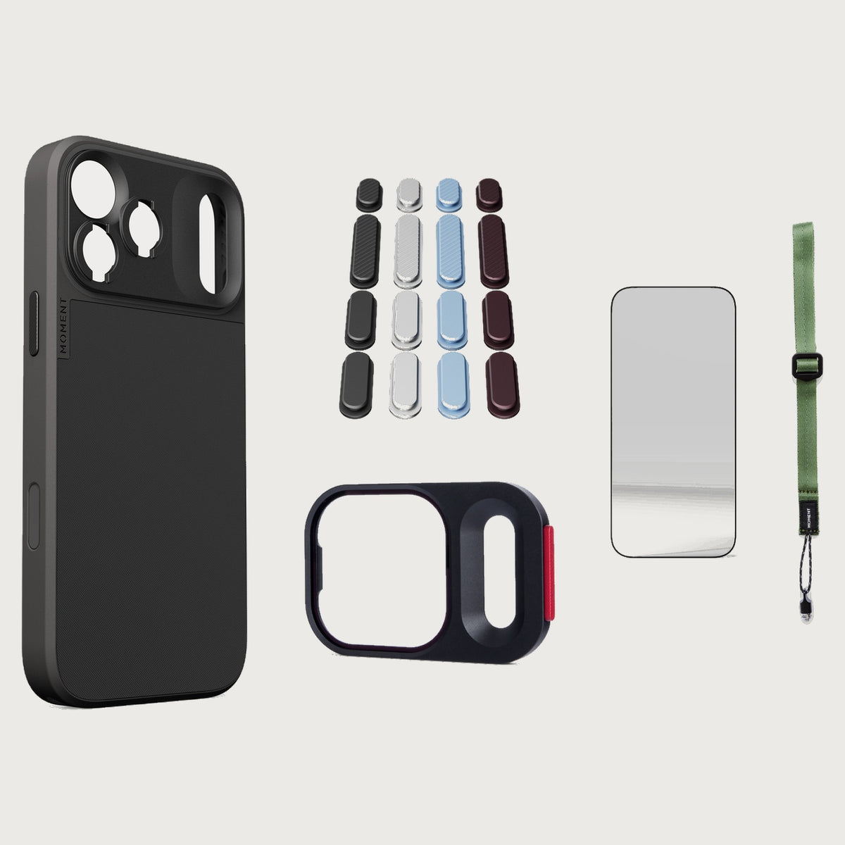 iphone-17-pro-max-case-essentials — Black case, Apple 2026 Pack, Olive wrist strap