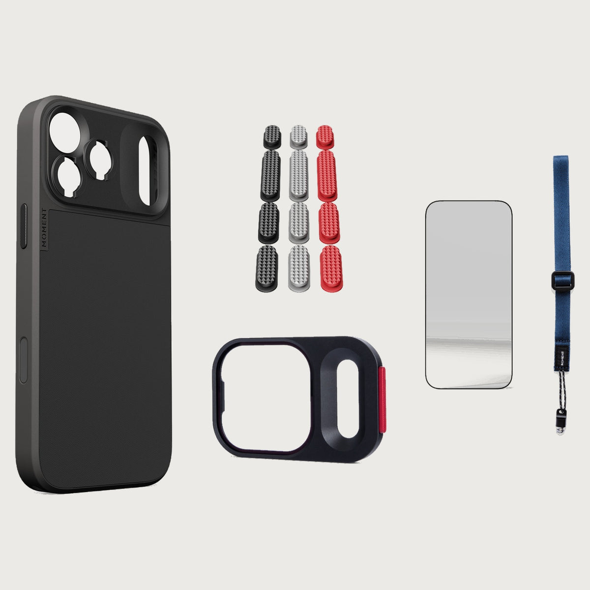 iphone-17-pro-max-case-essentials — Black case, Metal Grip Pack, Indigo wrist strap