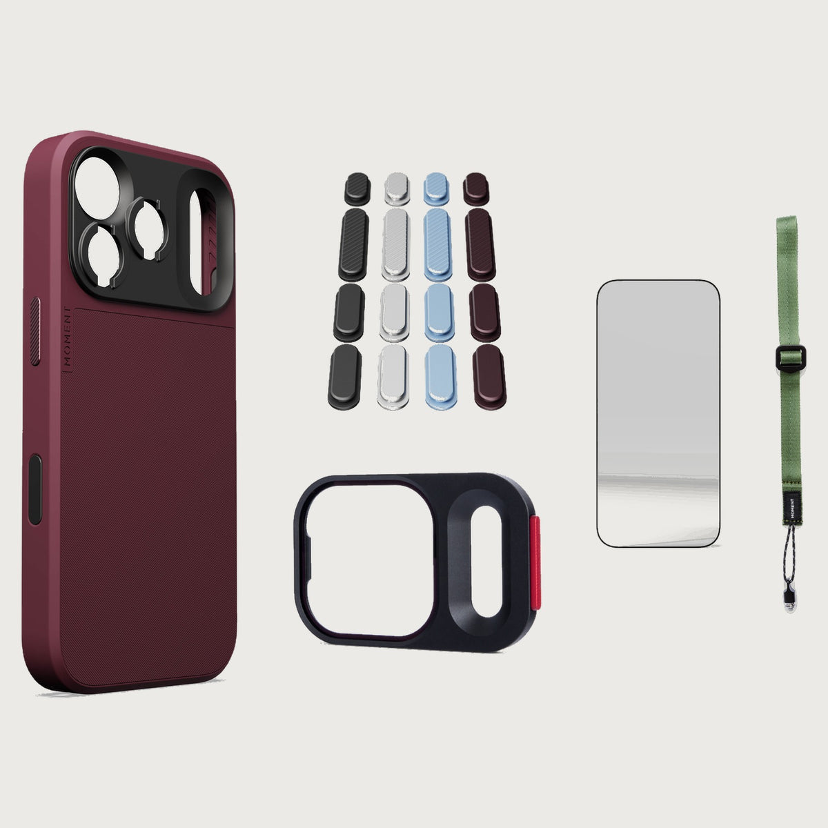 iphone-18-pro-max-case-essentials — Burgundy case, Apple 2026 Pack (Black/Silver/Blue/Purple), Olive wrist strap (AR glass + CineClear UV; no drop-in / no cleaning kit)