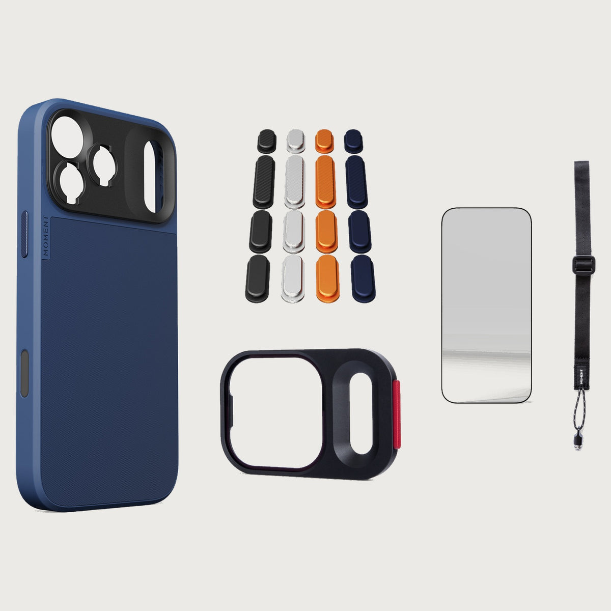 iphone-17-pro-max-case-essentials — Indigo case, Apple 2025 Pack, Burgundy wrist strap