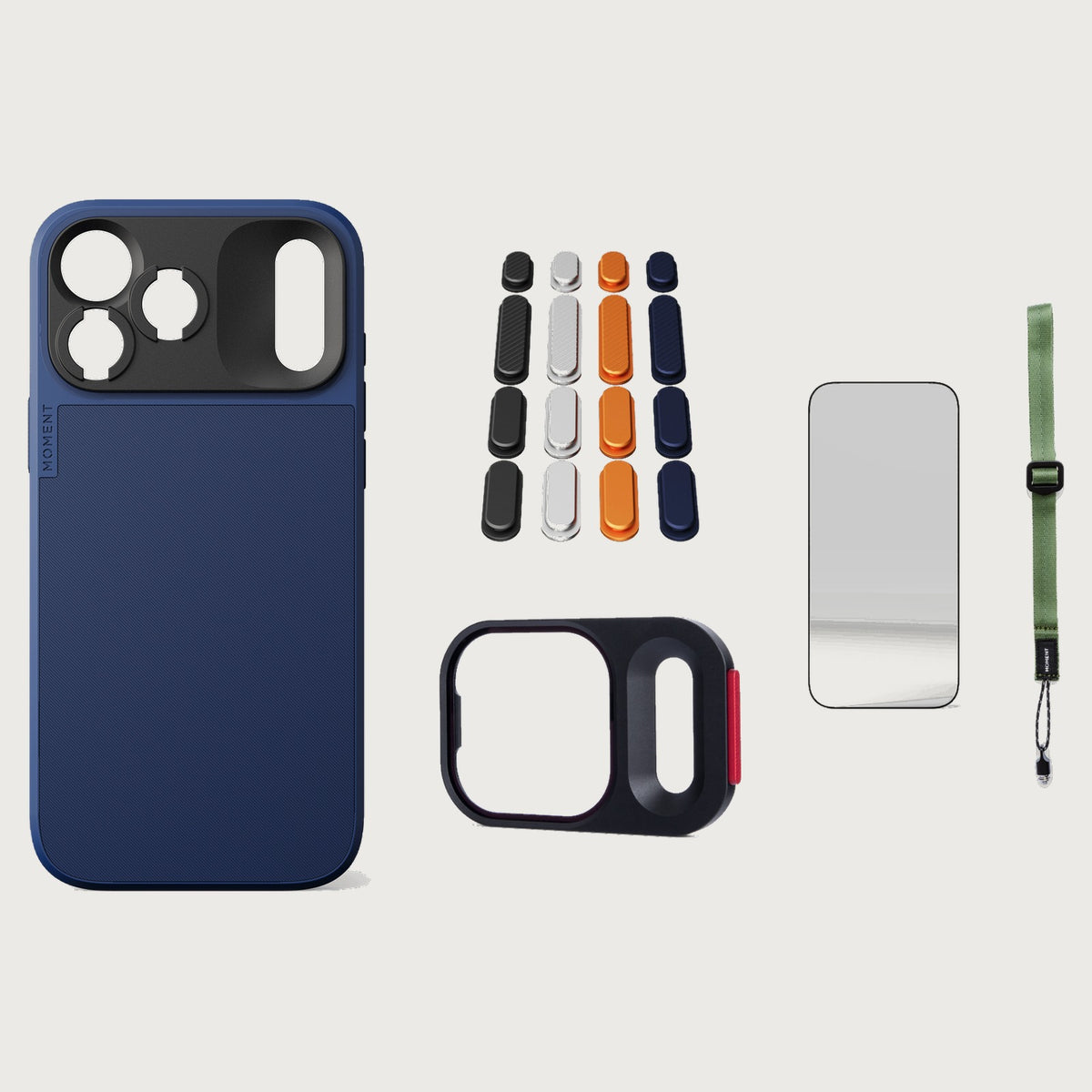 iphone-18-pro-max-case-essentials — Indigo case, Apple 2025 Pack (Black/Silver/Orange/Navy), Olive wrist strap (AR glass + CineClear UV; no drop-in / no cleaning kit)