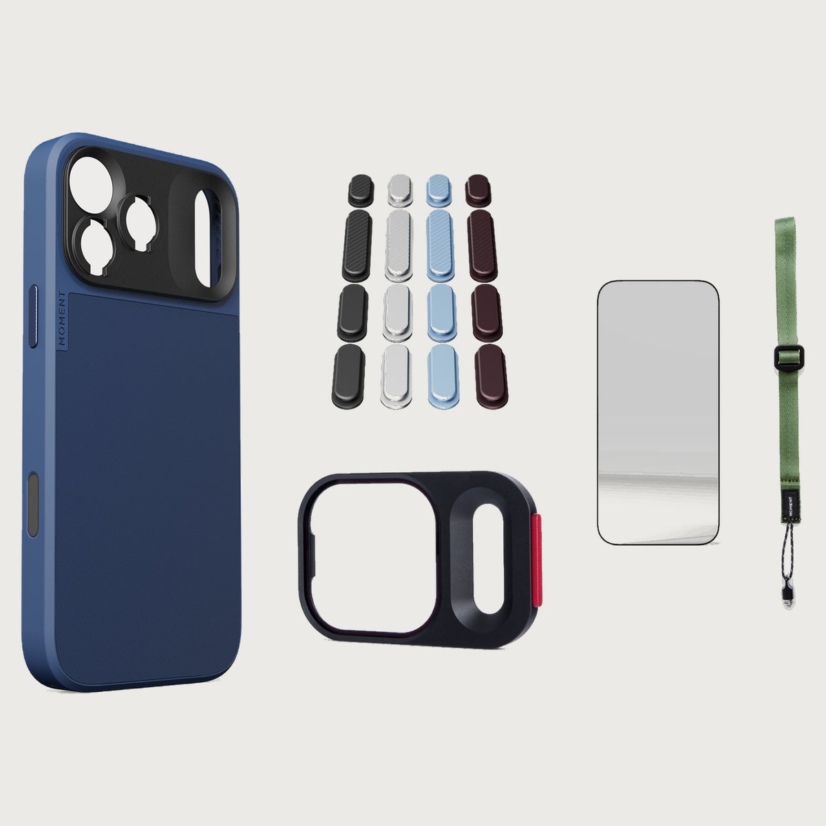 iphone-17-pro-max-case-essentials — Indigo case, Apple 2026 Pack, Olive wrist strap