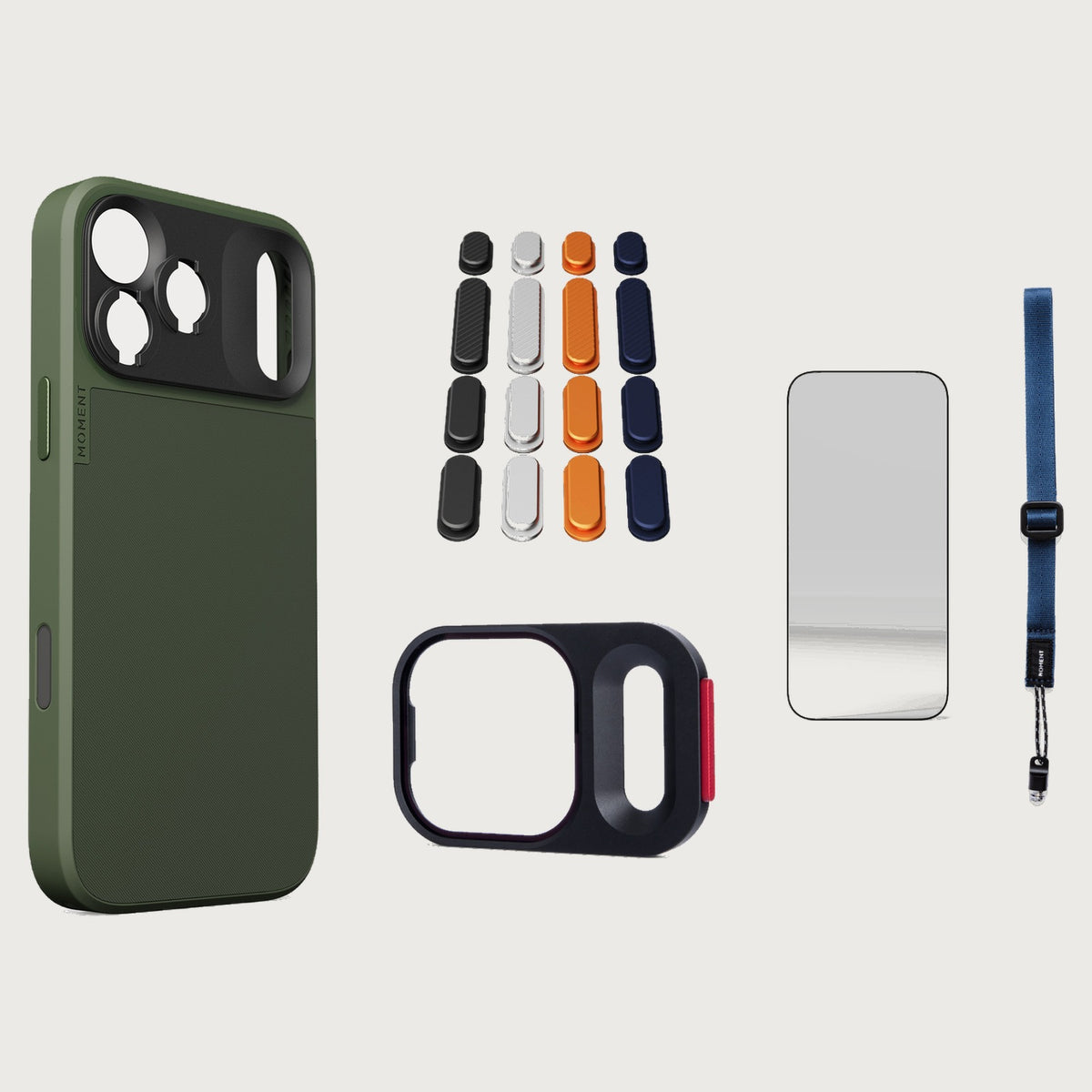iphone-17-pro-max-case-essentials — Olive case, Apple 2025 Pack, Indigo wrist strap