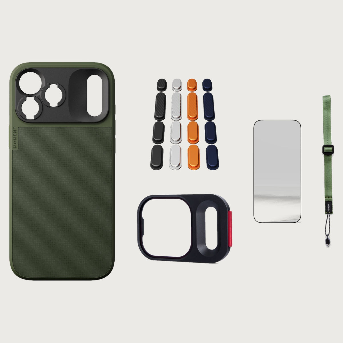 iphone-18-pro-max-case-essentials — Olive case, Apple 2025 Pack (Black/Silver/Orange/Navy), Olive wrist strap (AR glass + CineClear UV; no drop-in / no cleaning kit)