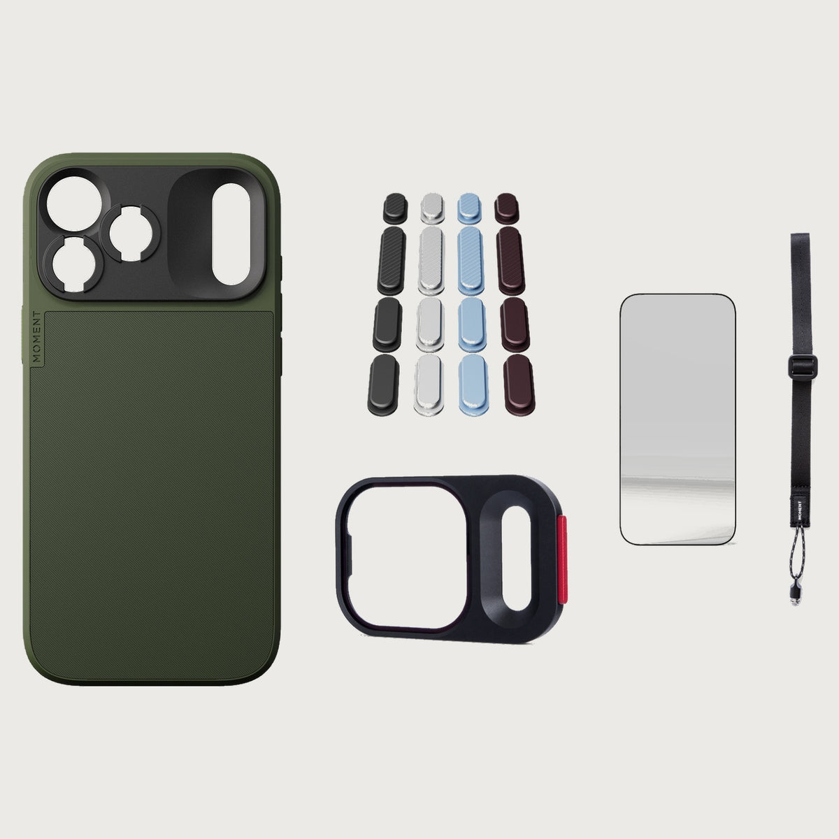 iphone-18-pro-max-case-essentials — Olive case, Apple 2026 Pack (Black/Silver/Blue/Purple), Black wrist strap (AR glass + CineClear UV; no drop-in / no cleaning kit)