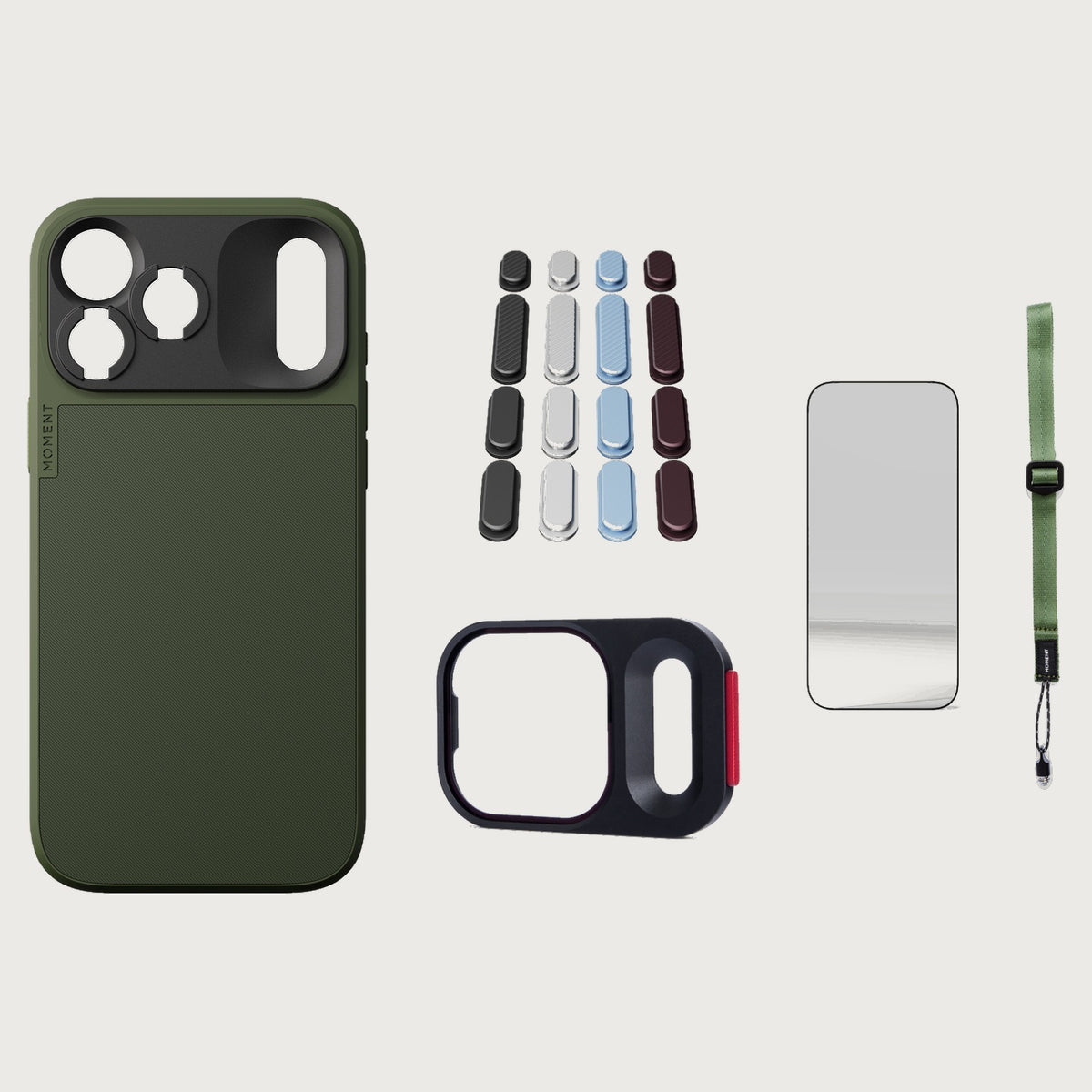 iphone-18-pro-max-case-essentials — Olive case, Apple 2026 Pack (Black/Silver/Blue/Purple), Olive wrist strap (AR glass + CineClear UV; no drop-in / no cleaning kit)