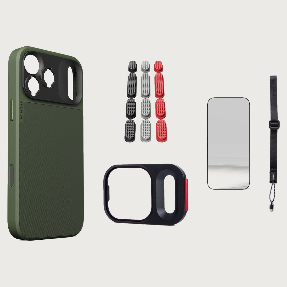 iphone-17-pro-max-case-essentials — Olive case, Metal Grip Pack, Black wrist strap