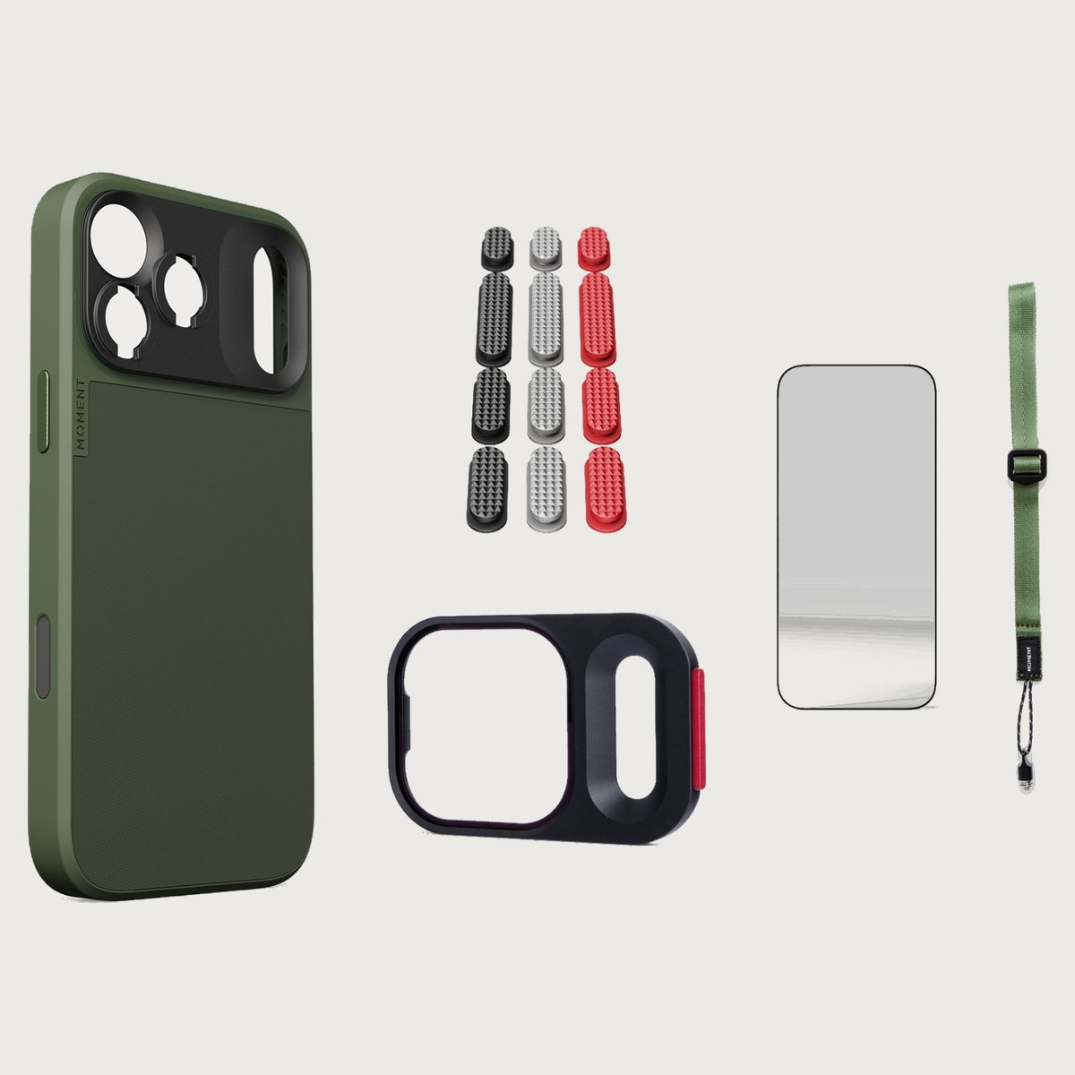 iphone-17-pro-max-case-essentials — Olive case, Metal Grip Pack, Olive wrist strap