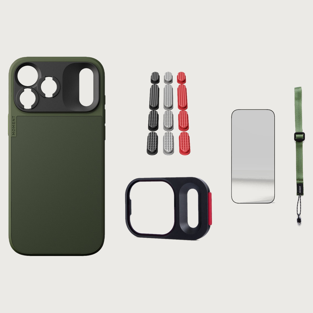iphone-18-pro-max-case-essentials — Olive case, Metal Grip Pack (Black/Silver/Red), Olive wrist strap (AR glass + CineClear UV; no drop-in / no cleaning kit)