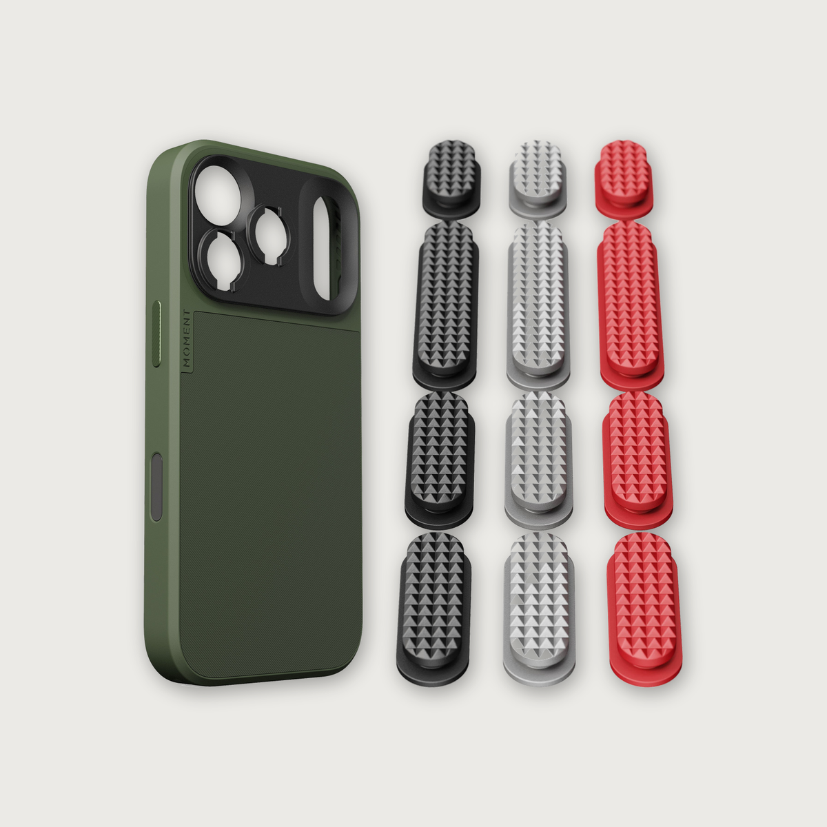 iPhone 17 Case Button Bundle — iPhone 17 Pro Olive with Metal Grip Pack (Black/Silver/Red)