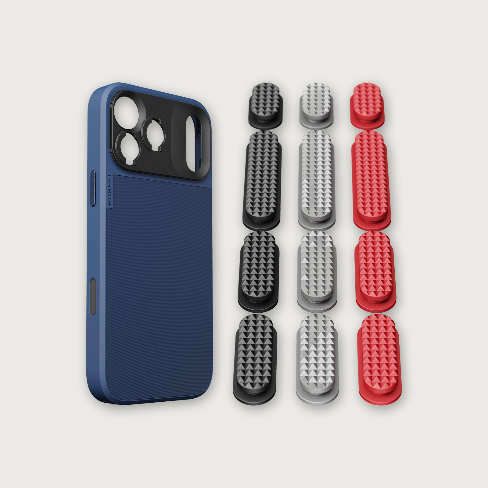 iPhone 17 Case Button Bundle — iPhone 17 Pro Max Indigo with Metal Grip Pack (Black/Silver/Red)