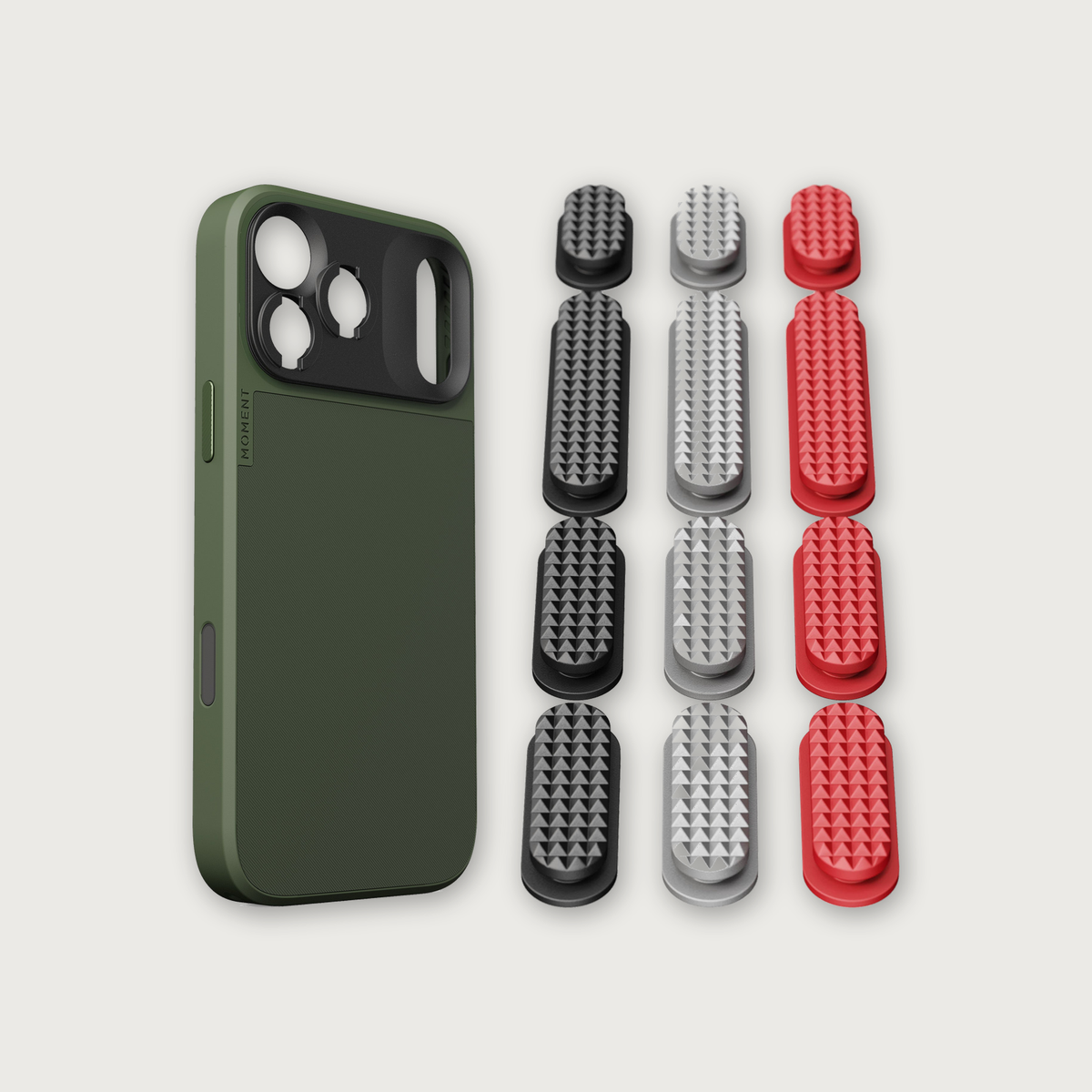 iPhone 17 Case Button Bundle — iPhone 17 Pro Max Olive with Metal Grip Pack (Black/Silver/Red)