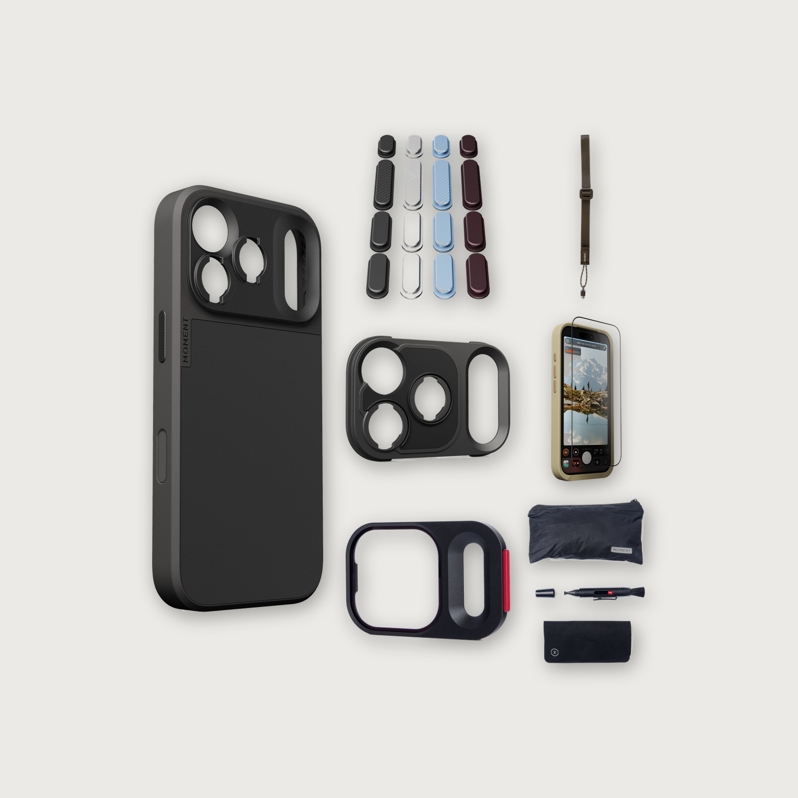 iPhone 17 Pro Case Essentials — Black case, Apple 2026 Pack (Black/Silver/Blue/Purple), Desert wrist strap (Drop-in 310-322, AR glass 310-326, CineClear UV 310-341, Cleaning kit 150-102)