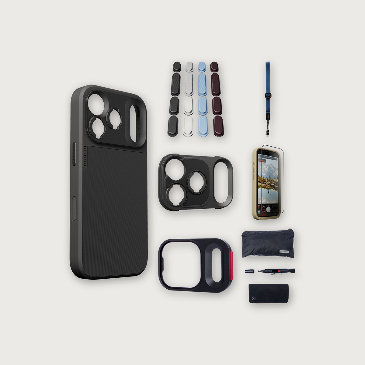 iPhone 17 Pro Case Essentials — Black case, Apple 2026 Pack (Black/Silver/Blue/Purple), Indigo wrist strap (Drop-in 310-322, AR glass 310-326, CineClear UV 310-341, Cleaning kit 150-102)