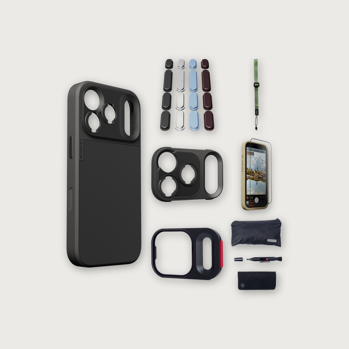 iPhone 17 Pro Case Essentials — Black case, Apple 2026 Pack (Black/Silver/Blue/Purple), Olive wrist strap (Drop-in 310-322, AR glass 310-326, CineClear UV 310-341, Cleaning kit 150-102)