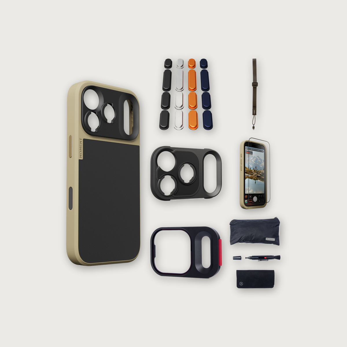 iPhone 17 Pro Case Essentials — Desert case, Apple 2025 Pack (Black/Silver/Orange/Navy), Desert wrist strap (Drop-in 310-322, AR glass 310-326, CineClear UV 310-341, Cleaning kit 150-102)