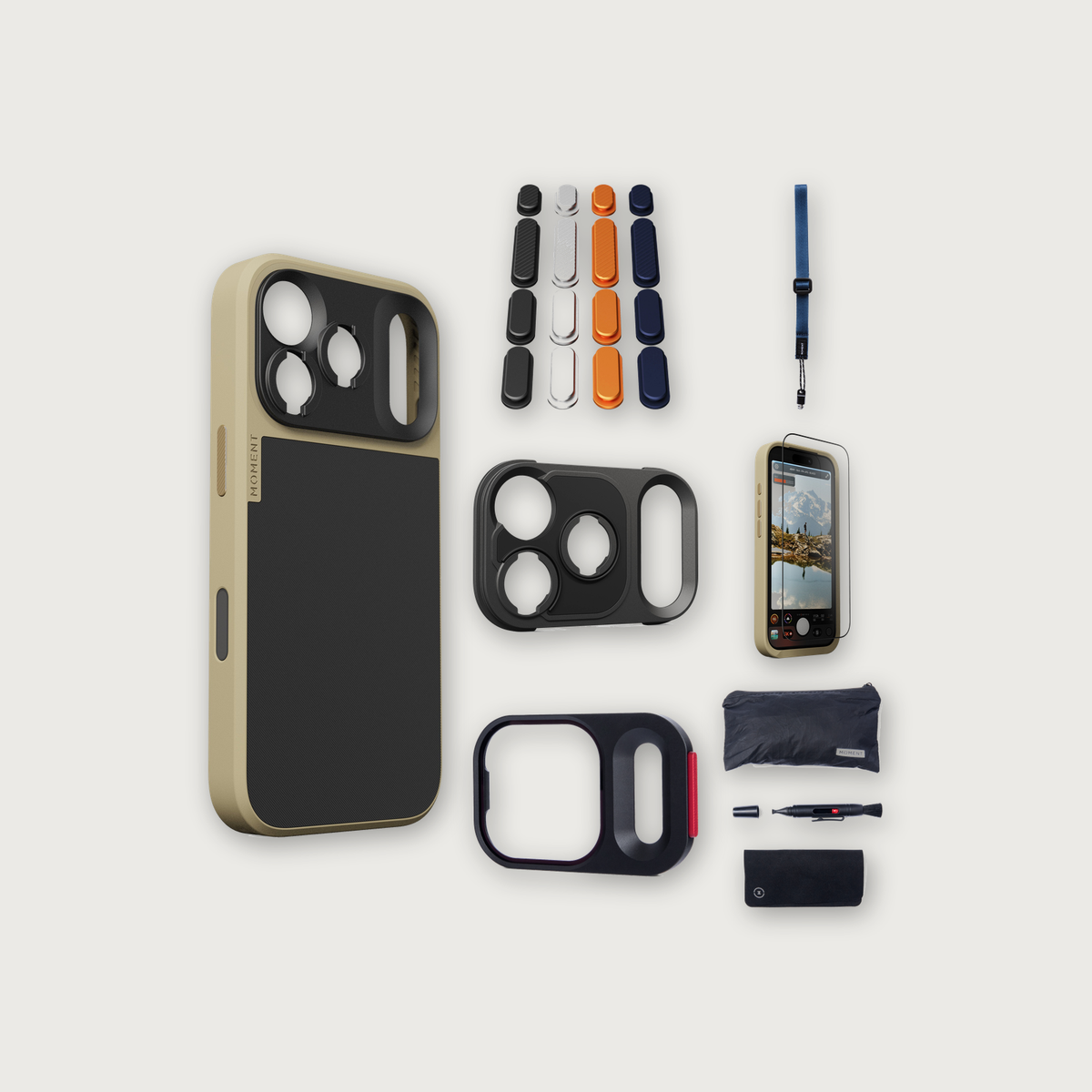 iPhone 17 Pro Case Essentials — Desert case, Apple 2025 Pack (Black/Silver/Orange/Navy), Indigo wrist strap (Drop-in 310-322, AR glass 310-326, CineClear UV 310-341, Cleaning kit 150-102)