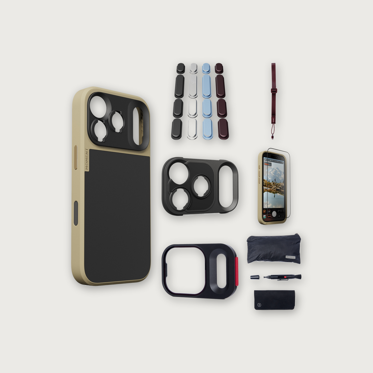 iPhone 17 Pro Case Essentials — Desert case, Apple 2026 Pack (Black/Silver/Blue/Purple), Burgundy wrist strap (Drop-in 310-322, AR glass 310-326, CineClear UV 310-341, Cleaning kit 150-102)