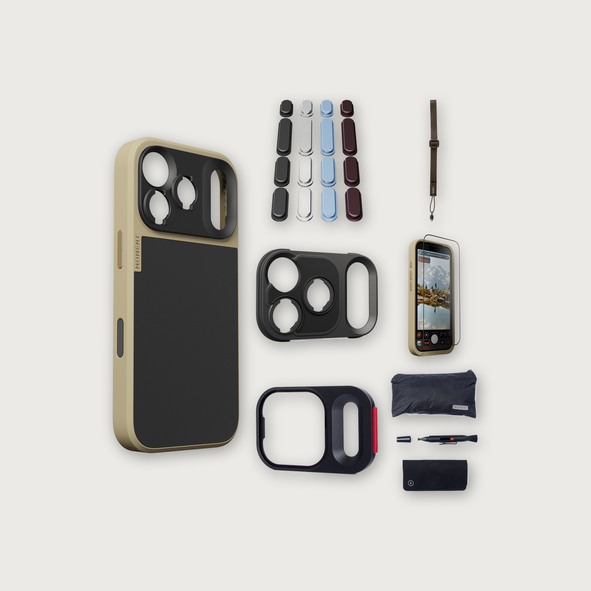 iPhone 17 Pro Case Essentials — Desert case, Apple 2026 Pack (Black/Silver/Blue/Purple), Desert wrist strap (Drop-in 310-322, AR glass 310-326, CineClear UV 310-341, Cleaning kit 150-102)