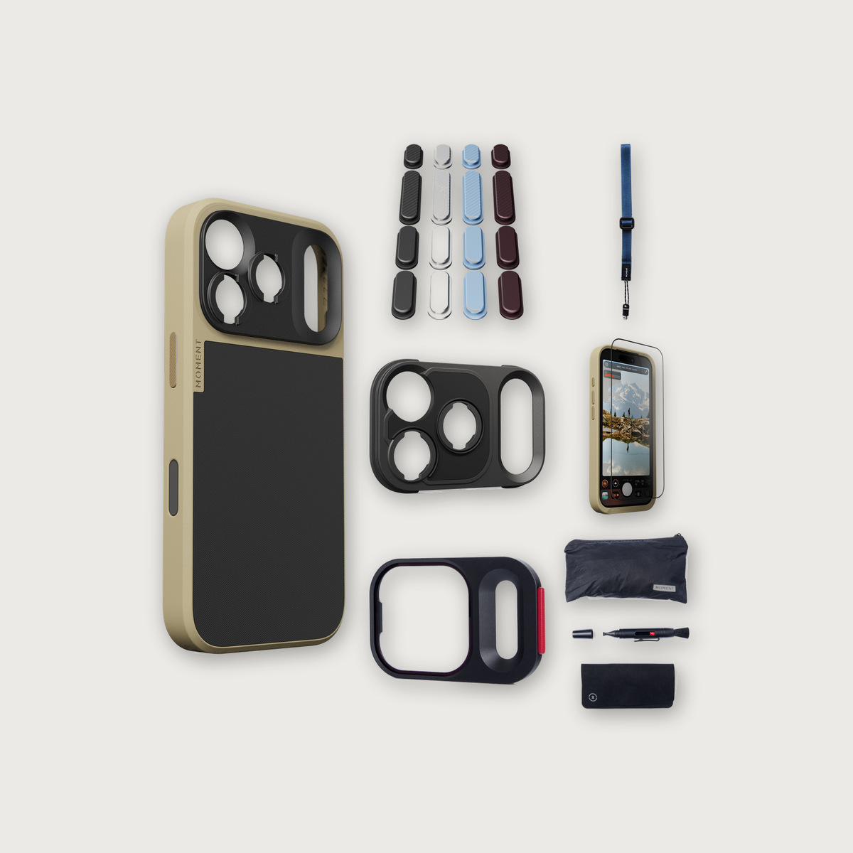 iPhone 17 Pro Case Essentials — Desert case, Apple 2026 Pack (Black/Silver/Blue/Purple), Indigo wrist strap (Drop-in 310-322, AR glass 310-326, CineClear UV 310-341, Cleaning kit 150-102)