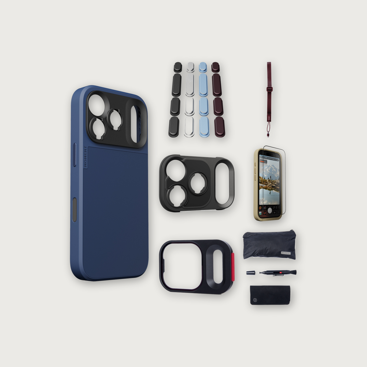 iPhone 17 Pro Case Essentials — Indigo case, Apple 2026 Pack (Black/Silver/Blue/Purple), Burgundy wrist strap (Drop-in 310-322, AR glass 310-326, CineClear UV 310-341, Cleaning kit 150-102)