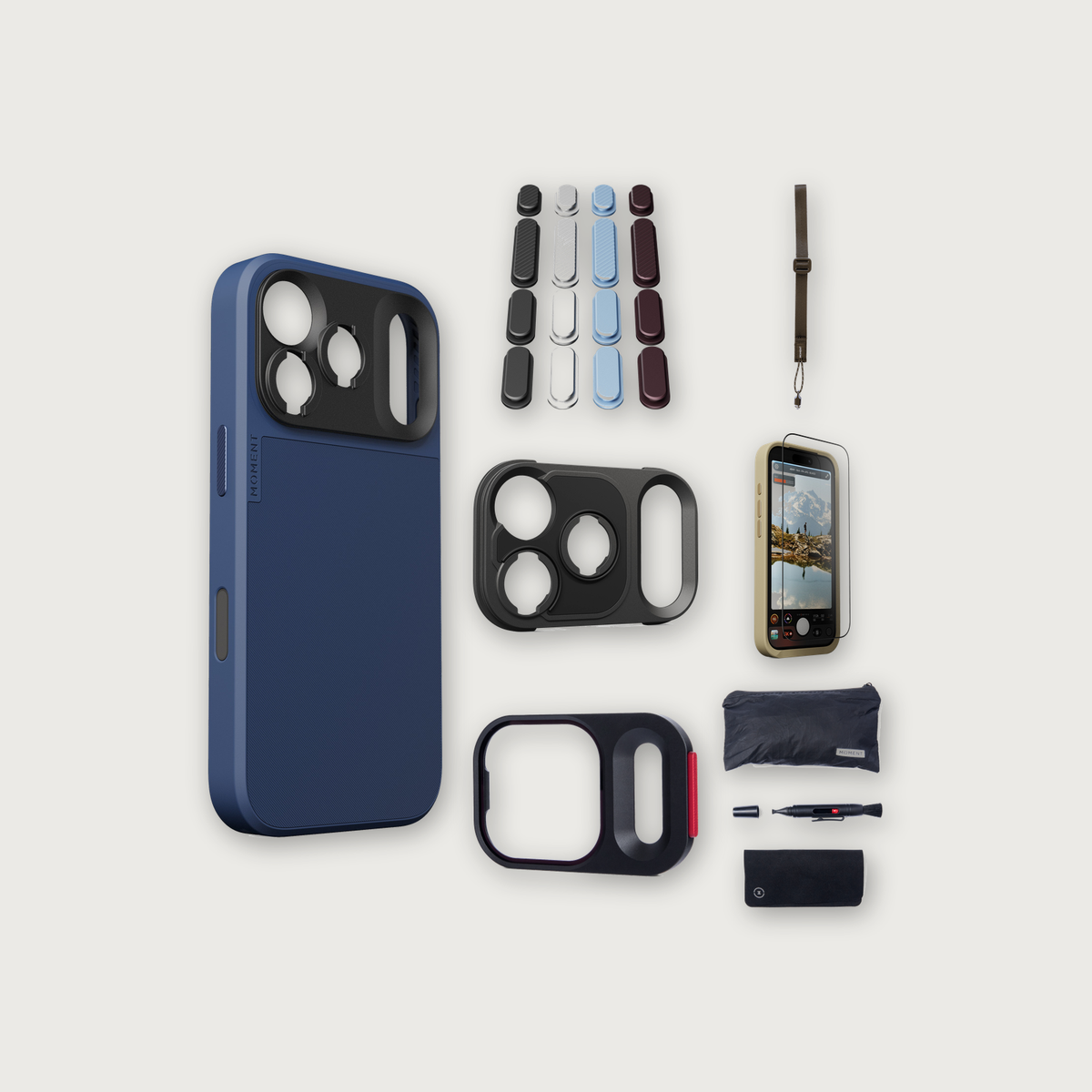 iPhone 17 Pro Case Essentials — Indigo case, Apple 2026 Pack (Black/Silver/Blue/Purple), Desert wrist strap (Drop-in 310-322, AR glass 310-326, CineClear UV 310-341, Cleaning kit 150-102)