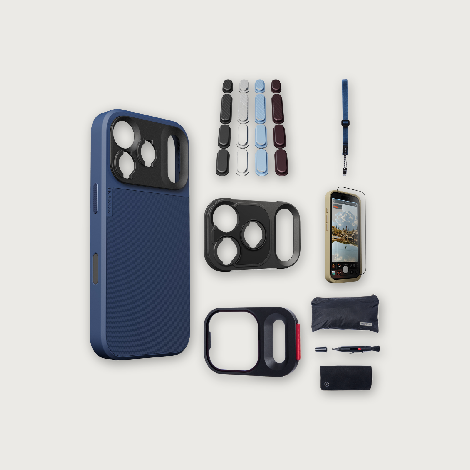 iPhone 17 Pro Case Essentials — Indigo case, Apple 2026 Pack (Black/Silver/Blue/Purple), Indigo wrist strap (Drop-in 310-322, AR glass 310-326, CineClear UV 310-341, Cleaning kit 150-102)