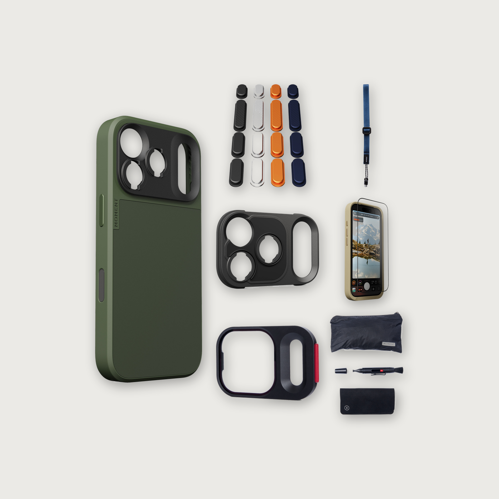 iPhone 17 Pro Case Essentials — Olive case, Apple 2025 Pack (Black/Silver/Orange/Navy), Indigo wrist strap (Drop-in 310-322, AR glass 310-326, CineClear UV 310-341, Cleaning kit 150-102)