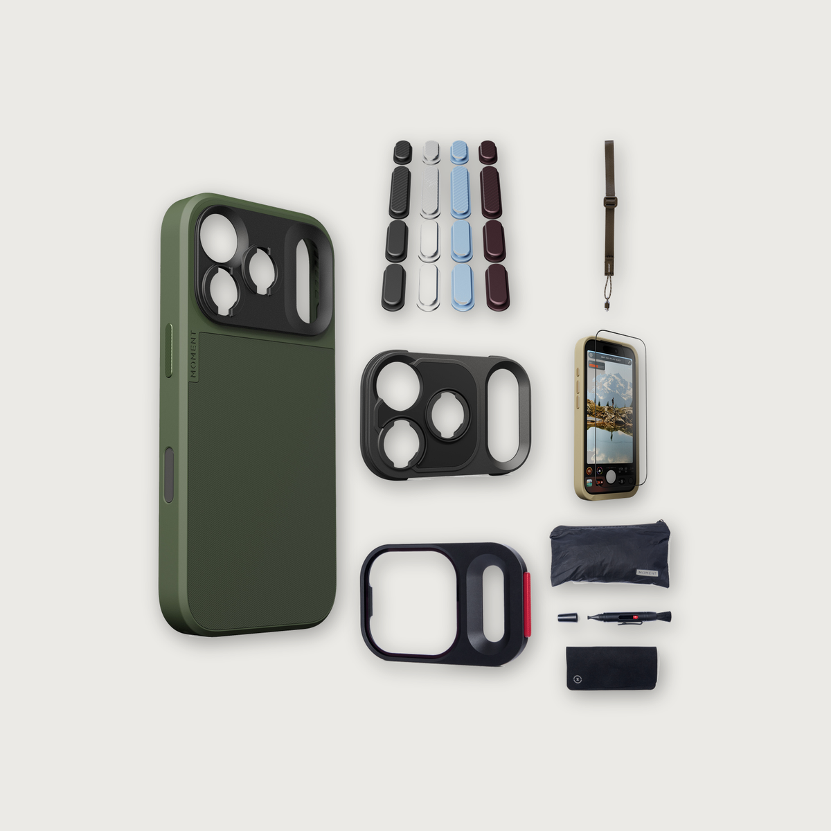 iPhone 17 Pro Case Essentials — Olive case, Apple 2026 Pack (Black/Silver/Blue/Purple), Desert wrist strap (Drop-in 310-322, AR glass 310-326, CineClear UV 310-341, Cleaning kit 150-102)