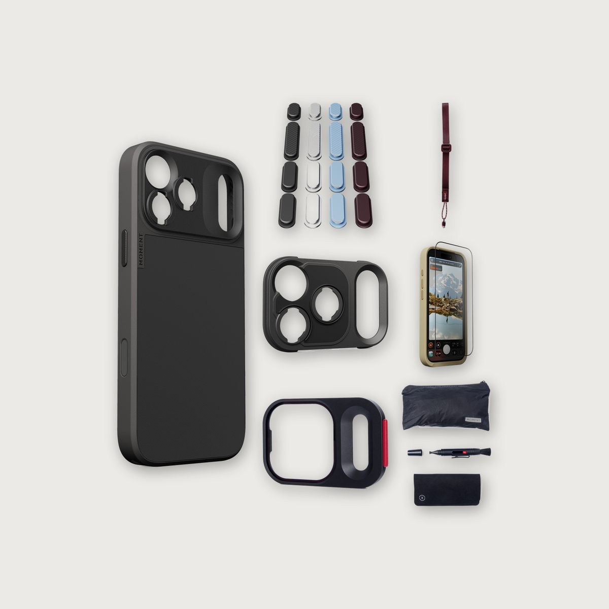iPhone 17 Pro Max Case Essentials — Black case, Apple 2026 Pack (Black/Silver/Blue/Purple), Burgundy wrist strap (Drop-in 310-323, AR glass 310-327, CineClear UV 310-347, Cleaning kit 150-102)