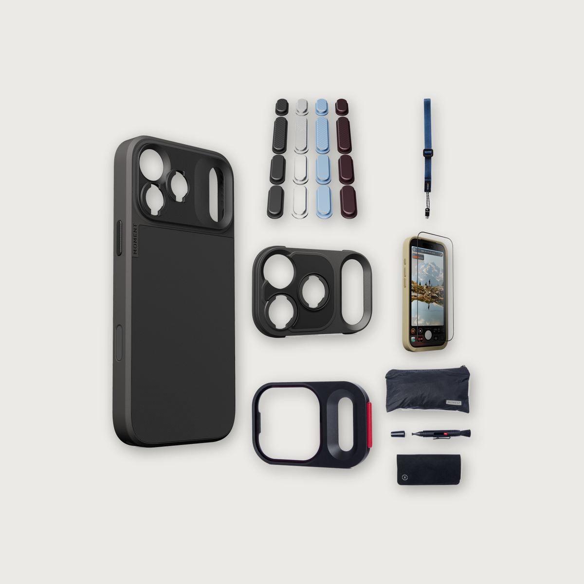 iPhone 17 Pro Max Case Essentials — Black case, Apple 2026 Pack (Black/Silver/Blue/Purple), Indigo wrist strap (Drop-in 310-323, AR glass 310-327, CineClear UV 310-347, Cleaning kit 150-102)