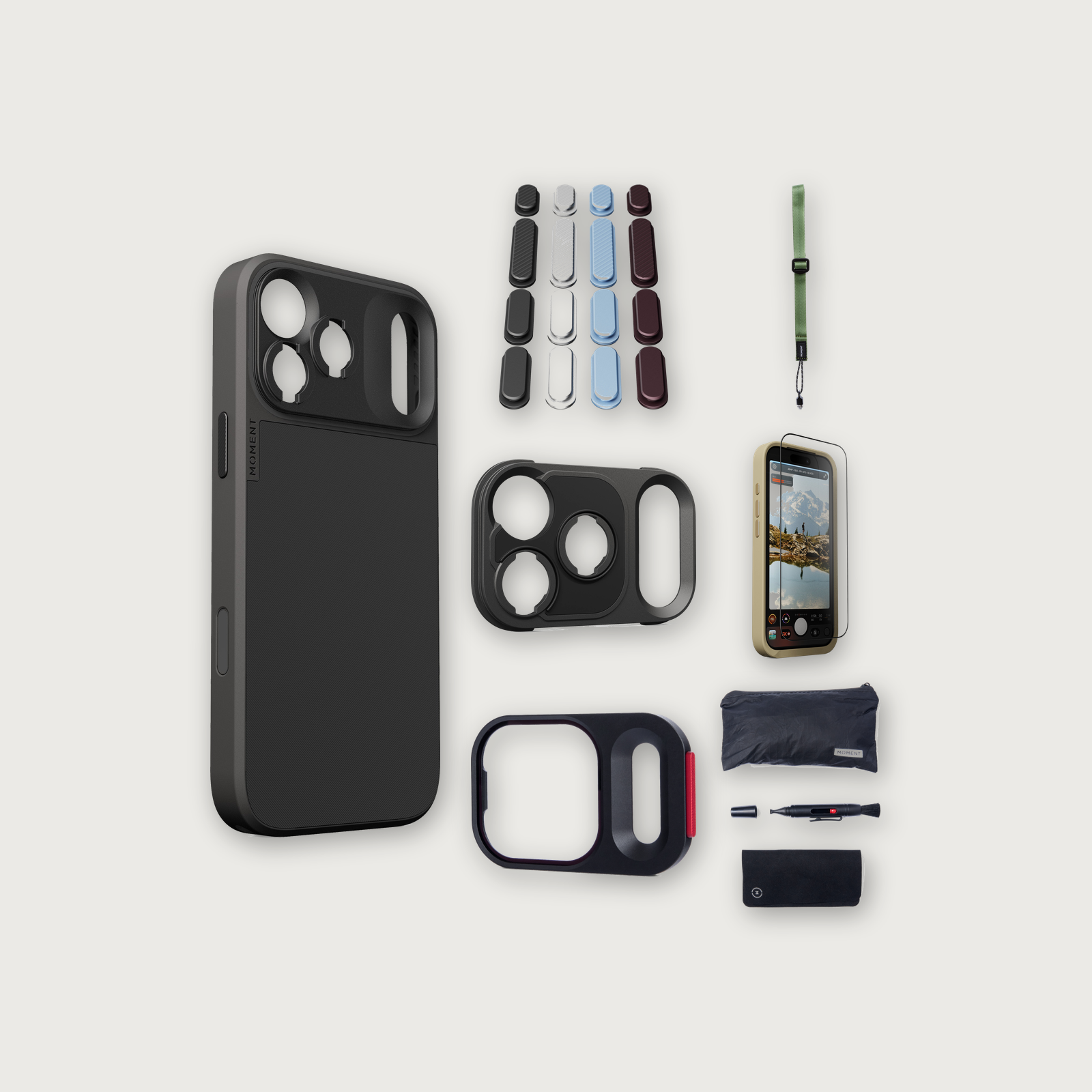 iPhone 17 Pro Max Case Essentials — Black case, Apple 2026 Pack (Black/Silver/Blue/Purple), Olive wrist strap (Drop-in 310-323, AR glass 310-327, CineClear UV 310-347, Cleaning kit 150-102)