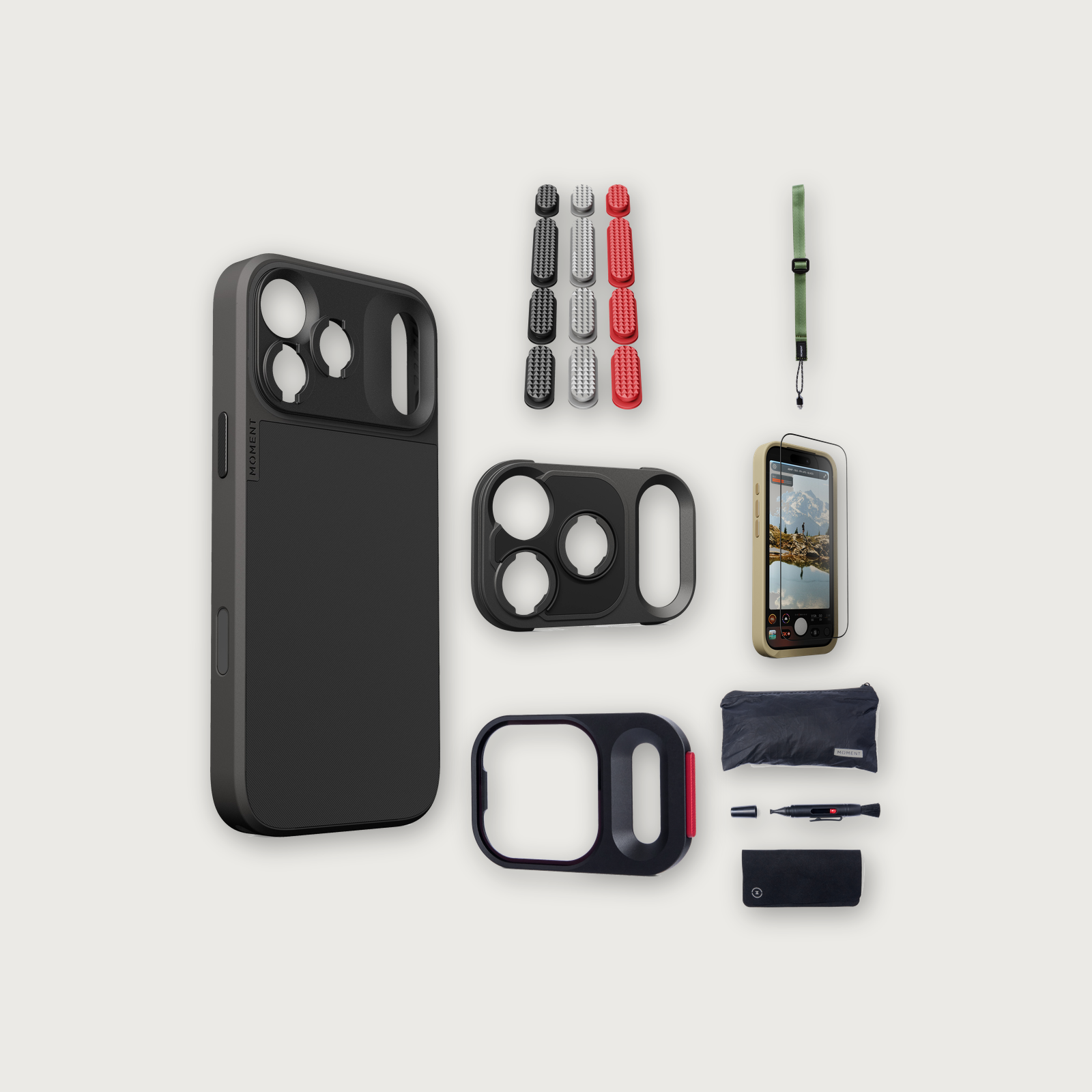 iPhone 17 Pro Max Case Essentials — Black case, Metal Grip Pack (Black/Silver/Red), Olive wrist strap (Drop-in 310-323, AR glass 310-327, CineClear UV 310-347, Cleaning kit 150-102)