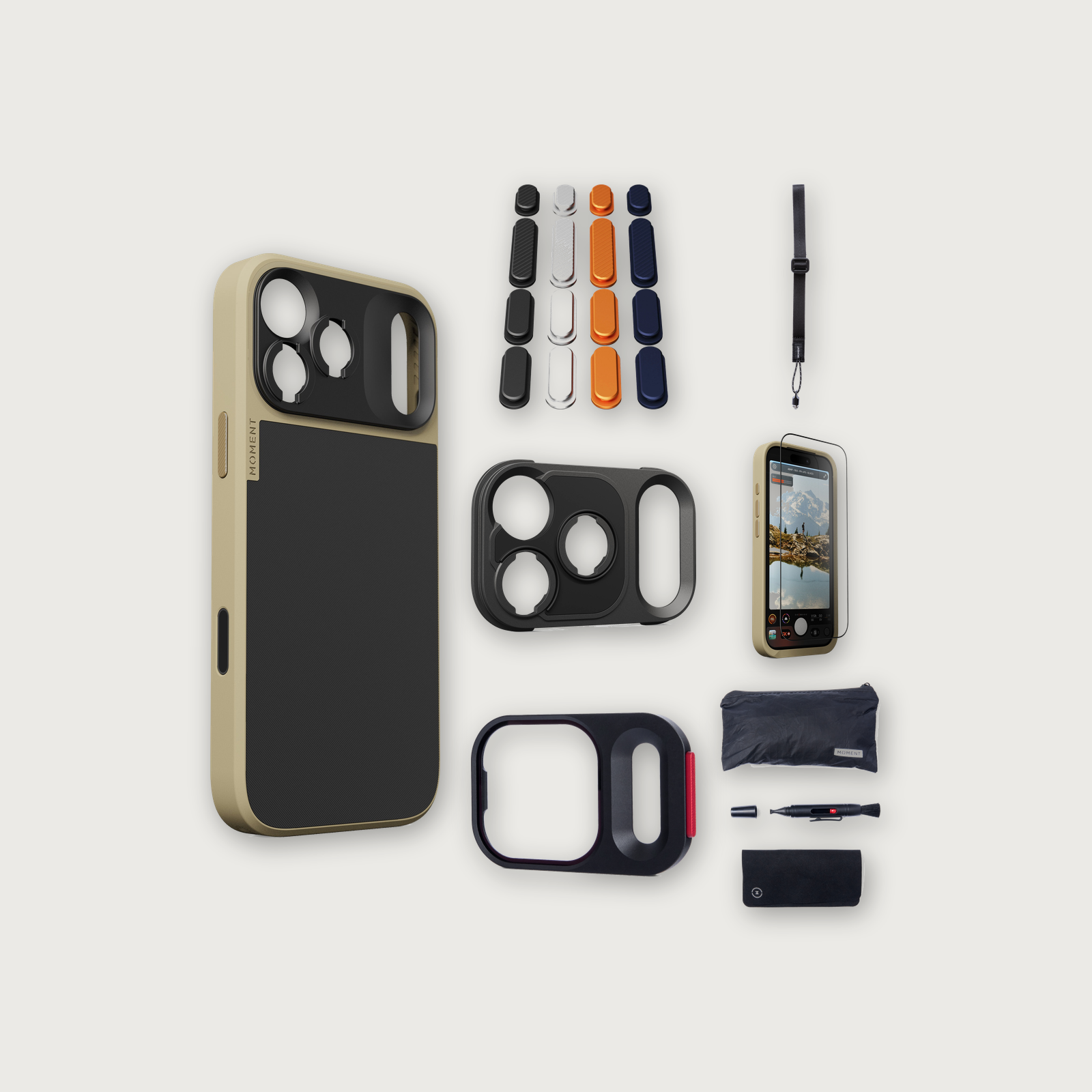 iPhone 17 Pro Max Case Essentials — Desert case, Apple 2025 Pack (Black/Silver/Orange/Navy), Black wrist strap (Drop-in 310-323, AR glass 310-327, CineClear UV 310-347, Cleaning kit 150-102)