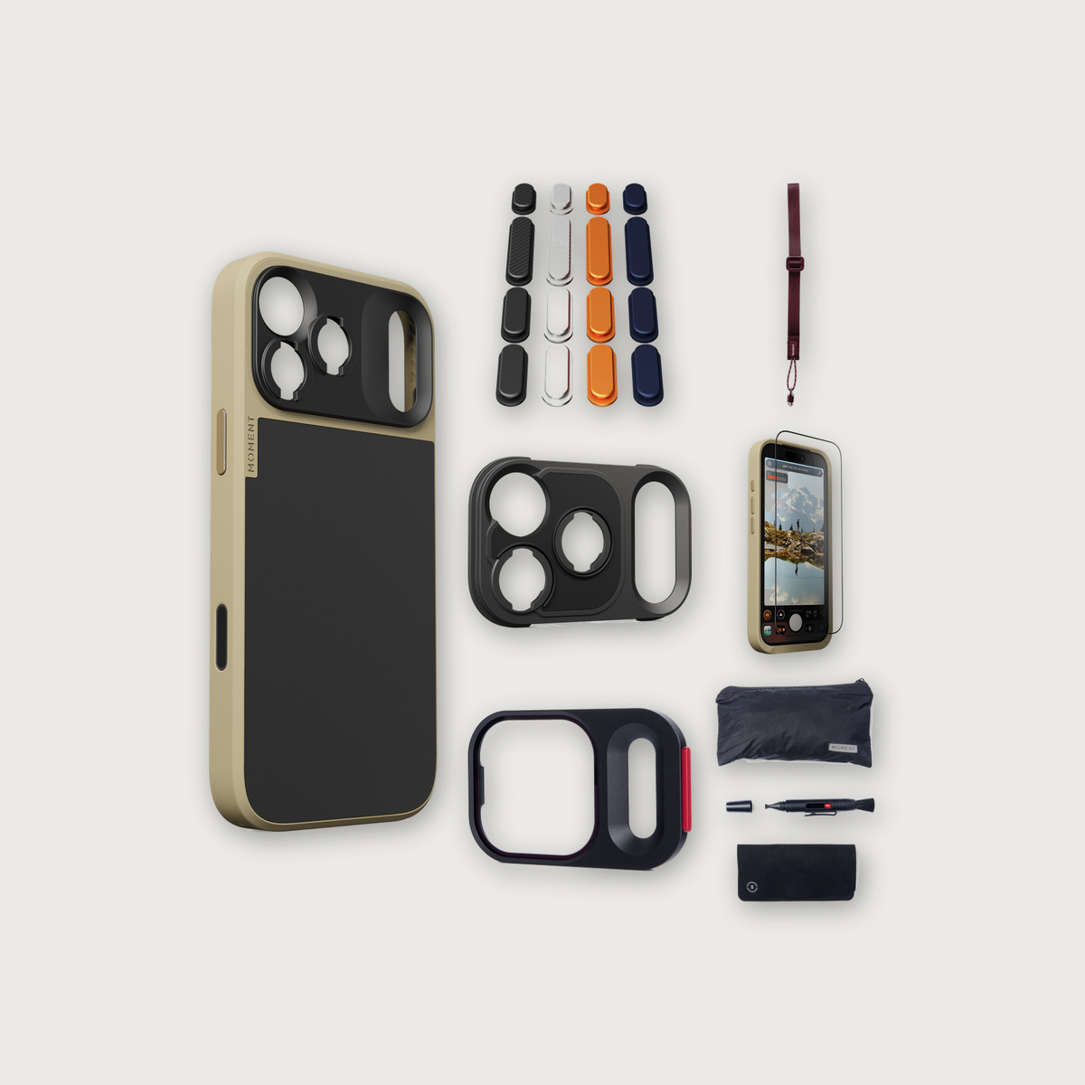 iPhone 17 Pro Max Case Essentials — Desert case, Apple 2025 Pack (Black/Silver/Orange/Navy), Burgundy wrist strap (Drop-in 310-323, AR glass 310-327, CineClear UV 310-347, Cleaning kit 150-102)